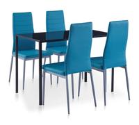 UERNGFTKM Ensemble de salle à manger 5 pièces bleu avec table en verre trempé et 4 chaises recouvertes de similicuir, design moderne pour salle à manger