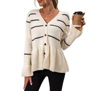 UERSJWYSO Gilets Rayés à Boutons Pour Femmes Col En V Manches Longues Ourlet éVasé Pulls en Maille Décontractés Automne-Hiver,Beige,L