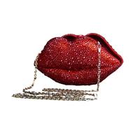 UERSJWYSO Pochette Scintillante en Forme De LèVres avec Strass pour Femme, Sac à Bandoulière avec ChaîNe en MéTal, pour Mariage, Bal De Promo, Soirée,Rouge