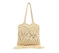 UERSJWYSO Sac D'éTé en Paille pour Femme Sac Fourre-Tout Tissé à BandoulièRe Sac Vintage BohèMe Hippie Tissé pour Vacances à La Plage avec Pompon,Beige