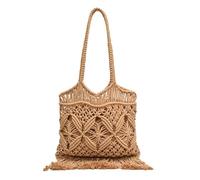 UERSJWYSO Sac D'éTé en Paille pour Femme Sac Fourre-Tout Tissé à BandoulièRe Sac Vintage BohèMe Hippie Tissé pour Vacances à La Plage avec Pompon,Kaki