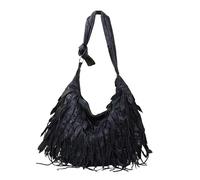 UERSJWYSO Sac Hobo à Franges en Cuir De Mouton pour Femme, Sac à BandoulièRe Vintage à Nouer, Sac à Bandoulière à Pompon,Noir