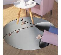 UERWOWELL 90cm Tapis Rond Mince élégant Art Floral Simple Vase et Fleur de pêcher Imprimer de Grands Tapis pour Le Yoga Spa Salle d’étude de thé Lavable