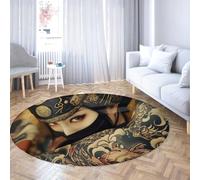 UERWOWELL Art du Guerrier Japonais 150cm Tapis Ronds Art corporel coloré Tapis de Sol Fin d’intérieur pour Salon Chambre décoration Orientale
