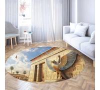 UERWOWELL Art égyptien Tapis Circulaire Fin 200cm Sculpture ailée en 3D Architecture Ancienne Design Sol Tapis Sol pour Salon Tapis antidérapants Doux