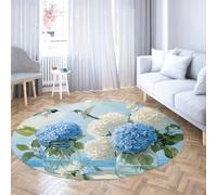 UERWOWELL Bleu océan Mince Cercle Tapis colibris & hortensias Motif Tapis Ronds d’intérieur 90cm pour Salon Chambre antidérapant Lavable