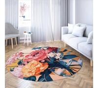 UERWOWELL Bouquet coloré Cercle Tapis Pop Art Verre Vase imprimé Floral intérieur Tapis Minces 100cm pour Salon Chambre Patio antidérapant Lavable