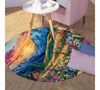 UERWOWELL Campagne Ferme Cercle Tapis Coloré Fleur Champ Coucher De Soleil Montagne Paysage Tapis Minces 240cm pour Salon Salle De Jeux Lavable