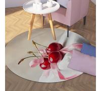 UERWOWELL Cerises Rouges Tapis Ronds 140cm Nappe Blanche Ruban Rose Fruit Nature Morte Imprimer Mince Cercle Tapis pour Salle à Manger Tapis de Cuisine