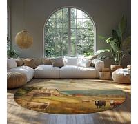 UERWOWELL Champs Jaunes Tapis Ronds 120cm Vie à la Campagne Animaux de la Ferme Moutons Vaches et Vieille Grange Paysage Mince Cercle Tapis pour Cuisine entrée