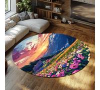 UERWOWELL Conte de fées Style Cercle Tapis coloré Champ de Fleurs Coucher de Soleil Paysage de Montagne Minces Tapis 90cm pour Vivre Chambre d’Enfant antidérapant Lavable