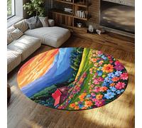 UERWOWELL Conte de fées Style Cercle Tapis coloré Marguerite Fleur Champ Paysage Tapis Minces 200cm pour Salon Chambre Ferme antidérapant Lavable