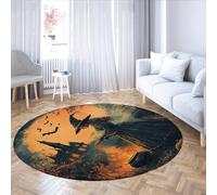UERWOWELL Décor d’Halloween 180cm Tapis Ronds Style Gothique Château mystérieuse Sorcière Pleine Lune Chauves-Souris Motif Tapis de Sol Confortable à Poils Ras pour Ferme