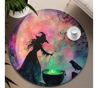 UERWOWELL Décor d’Halloween 90cm Tapis Ronds Sorcière Mystique Chaudron Magique Pleine Lune Corbeau Impression Tapis de Sol Lavable Doux Faible Pile pour Salon