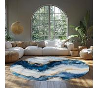 UERWOWELL Décor de Luxe Tapis Ronds Abstrait Motif de Texture de marbre Bleu et Blanc Tapis à Poils Ras pour Salon Chambre Balcon Couloir 200cm