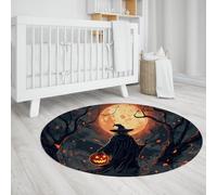 UERWOWELL Décor de Vacances 200cm Tapis Ronds Halloween Sorcière Pleine Lune Citrouille Motif Tapis de Sol Lavable Confortable À Poils Ras pour Salon Cuisine Dortoir