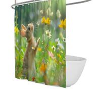 UERWOWELL Dessins animés printaniers Rideaux de Douche de Salle de Bain Souris curieuse dans Un Champ de Fleurs Rideau de Douche Décoration Moderne de Toilettes Accessoires imperméables W150xL180 cm