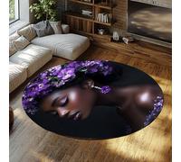 UERWOWELL élégante Femme Rond Tapis antidérapant Mince Violet Floral Africain Dame Imprimer Tapis pour Vivre Salle de beauté Couloir Salle de Bain Lavable 140cm