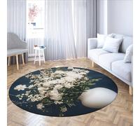UERWOWELL espaces Confortables Tapis Ronds Mode Vase Blanc et Bouquet Imprimer antidérapant Mince Tapis de Sol pour Salon Salle à Manger Chambre Bureau bibliothèque 160cm