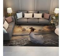 UERWOWELL Espaces de détente Tapis Belle Robe Blanche Fille Coucher de Soleil Plage Paysage Tapis Minces antidérapants pour Salon Romantique Décoration intérieure 160x200cm