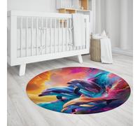 UERWOWELL Fantasy Dauphin Rond Tapis Animaux Marins explorateurs thème Tapis de Sol pour Chambre d’Enfant Chambre à Coucher Salon bibliothèque à Poils Ras Lavable 90cm