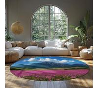 UERWOWELL Ferme Style Rond Tapis Montagne Paysage Romantique Fleurs Violettes Champ Tapis Minces pour Chambre Vivre Chambre Nursery Salle Salle de Bain 140cm