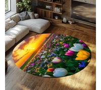 UERWOWELL Fleur Arc-en-Ciel Tapis Rond antidérapant Lavable Romantique Tulipe Champ Coucher de Soleil Paysage Tapis à Poils Ras pour Chambre Salon Canapé 90cm