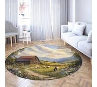 UERWOWELL Fleurs Sauvages Tapis Ronds 150cm Campagne Peinture à l’Huile Style Moutons Vaches et Vieille Grange Motif Mince Cercle Tapis pour dortoir de Ferme