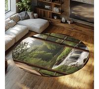 UERWOWELL Forêt Verte Tapis Ronds lavables rivière Cascade Vue à l’extérieur de la fenêtre Mince Tapis de Sol pour Salon Chambre Balcon Restaurant 100cm