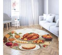 UERWOWELL Holiday Feast Design 240cm - Tapis Ronds Thanksgiving Turquie Motif Citrouille Tapis de Sol Cercle à Poils Ras pour Salon Salle à Manger Cuisine