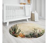 UERWOWELL Jardin Floral Cercle Tapis Plantes Désert Vert Cactus & Fleur Intérieur Tapis Minces 90cm pour Salon Chambre Patio Antidérapant Lavable