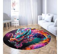 UERWOWELL Mythologie Style Rond Tapis 90cm Coloré Fantaisie Dragon Motif Tapis Minces pour Salon Chambre Dortoir Bureau Lavable Antidérapant