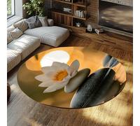 UERWOWELL Nature Morte Minimaliste 120cm Tapis Ronds Lotus et Pierres Blancs Design réflexion l’Eau Moquette Poil Bas Facile Nettoyer pour Les Tapis de Sol de Cuisine