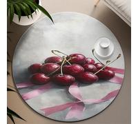 UERWOWELL Nature Morte réaliste Mince Cercle Tapis délicieux Fruits Rouge Cerise Rose Ruban imprimé Tapis Rond pour Salle à Manger Cuisine Lavable 100cm