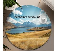 UERWOWELL Nature Paysage 150cm Tapis Ronds Prairies Jaunes Montagnes Bleues Motif Tapis à Poils Ras pour Le Salon Bureau Zones à Fort trafic