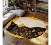 UERWOWELL Nouveauté Tapis Rond 120cm Mignon Noir et Blanc Chat Motif Mince Tapis de Sol pour Amoureux des Animaux Salon Couloir entrée Lavable antidérapant