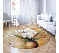 UERWOWELL Orchidées Blanches Tapis Ronds 100cm avec Support en Caoutchouc Lavable Vintage Vase Impression Tapis Circulaire à Poils Ras pour Salon Bureau Patio