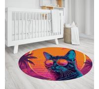UERWOWELL Palmiers tropicaux Tapis Rond 90cm Scène de Coucher de Soleil Chat avec Lunettes de Soleil Motif Tapis Minces pour Salon Chambre Lavable Antidérapant