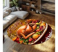 UERWOWELL Petit Tapis Rond 150cm Festif Turquie et récolte Motif Doux Tapis de Sol à Poils Ras pour Salon Salle à Manger Cuisine Portable Pliable