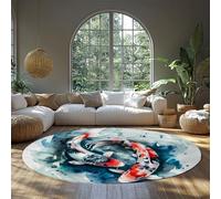UERWOWELL Poisson Koi Tapis Rond Style Japonais Traditionnel Feng Shui Koi Motif Tapis De Sol pour Bureau Salon Poils Bas Facile Nettoyage 90cm