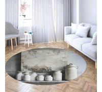 UERWOWELL Rustique Nostalgie Rond Tapis Ronds 100cm Esthétique Vintage Mur Vieilli & Cadres & Pots en céramique Blanc Motif Mince Cercle Tapis pour Ferme