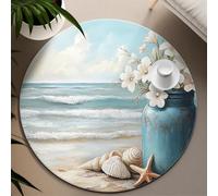 UERWOWELL Scène de Plage côtière Tapis Ronds Lavable Fleur Vase Coquillages Motif étoile de mer Tapis Mince pour Salle de Classe Salon Chambre 240cm