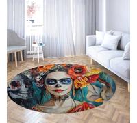 UERWOWELL Style bohème 120cm - Tapis Rond Jour de la Mort Décor Vibrant Floral Crâne Belle Fille Motif Confortable Lavable Tapis À Pils Bas pour Salon
