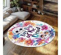 UERWOWELL Style Exotique 160cm - Tapis Rond Crâne coloré et Motif Floral Doux Lavable Tapis à Poils Ras pour Vivre Chambre de bébé Jour de la Mort Décor