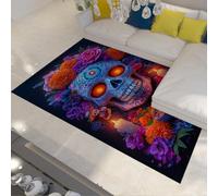 UERWOWELL Style Mexicain 150x200cm Tapis de Cuisine Jour du Mort Crâne Floral Chandelier Dîner Motif Tapis de Sol Doux Lavable Tapis à Poils Ras