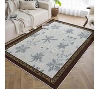 UERWOWELL Tapis à Poils Bas Bordure Marron 160x200cm Décoration Florale Vintage Motif Fleurs Sauvages Bleu Clair Tapis pour étude de Ferme Facile à Nettoyer