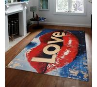 UERWOWELL Tapis Bleus et Gris 120x180cm Lèvres Rouges audacieuses avec Motif Amour Tapis à Poils Bas antidérapants Romantique décoration du canapé de la Saint-Valentin au Restaurant