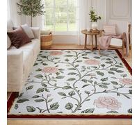 UERWOWELL Tapis botanique élégant Lavable 160x200cm Roses Roses Feuilles Vertes Grandes moquettes Douces pour Salon Chambre Couloir Matelas de Sol à Poils Bas et Douillet.
