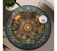 UERWOWELL Tapis Cercle de Jardin Fantasy 160cm Tapis Rond à Poils Bas de Style forêt enchantée Mousse et fougères et Champignons Décoration de Sol antidérapante