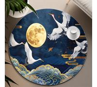 UERWOWELL Tapis Circulaire de Minuit Pleine Lune 150cm Grues Blanches planant avec des Nuages ondulés Tapis antidérapants imprimés Décoration Asiatique à Poil Bas Lavable